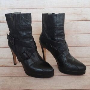 Geren Ford Edie Leather Buckle Strap Side Zipper Platform Stiletto Booties Ankle